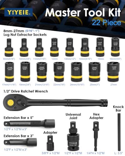 YIYEIE 22-Piece Bolt Nut Extractor Socket Set, 1/2" Drive Wheel Lock Removal Kit with Ratchet Wrench, Locking Lug Nut Removal Tool for Stripped, Rounded, Damaged Bolts (8mm-27mm | 5/16" to 1")