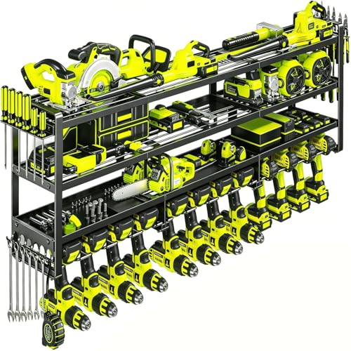 49" Heavy Duty Wall Mount Power Tool Organizer, 4-Tier Storage Rack with 12 Drill Holders & Battery Shelves, 600LBS Capacity for Garage Workshop - color: Without charging station, size: 4 Layer/12 Drill Holder