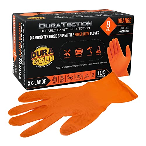 Dura-Gold Duratection 8 Mil Orange Super Duty Diamond Textured Nitrile Disposable Gloves, Box of 100
