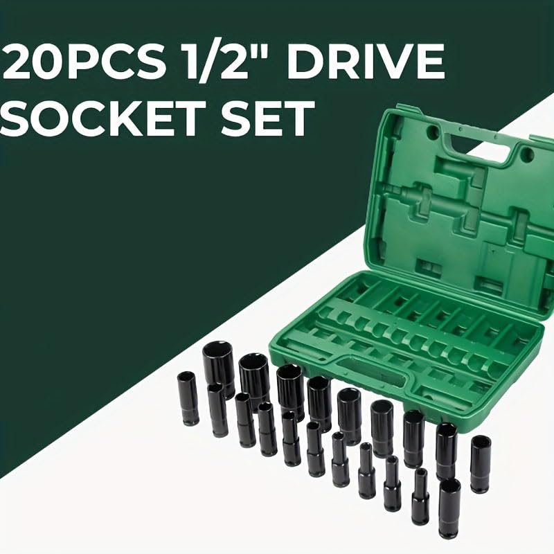 20 PCS 1/2" Drive Metric Deep-impact Socket Set, 8mm-32mm, Extended Hex Socket Set For Electric Wrenches, Pneumatic Hex Sockets, Suitable For Electric Wrench Sockets, Automotive Repair And Nut Tools