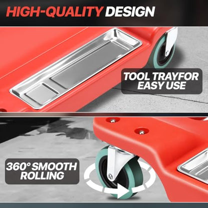 Low-Profile 40" L Mechanic Rolling Creeper, 300 LBS Capacity Under Car Roller Creeper with LED Light and Tool Trays, Red