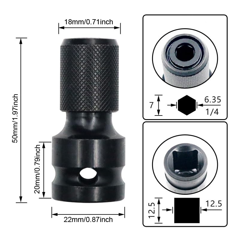 3 Pack Impact Wrench to Impact Driver Adapter 1/2 inch Square Drive to 1/4 inch Hex Socket Adapter Quick Release Screwdriver Bits Holders Chunk Converter for 1/2" Cordless Impact Wrench