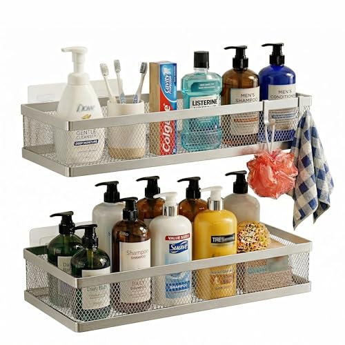 PUSDON Mesh Shower Caddy Wall Mount, Heavy Duty Adhesive Bathroom Shelf Organizer, Rustproof Floating Spice Rack for Kitchen Pantry, Holds 50 LBS, Multi-Purpose Storage Silver Gray -2 Packs (Netting) - color: Silver Grey, size: Full Mesh (12.6" Wide)