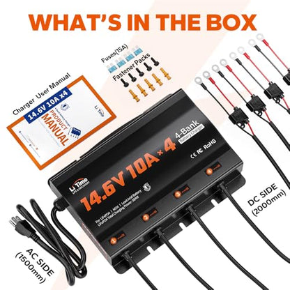 LiTime 4-Bank 10A (10A/Bank) Smart Battery Charger, 14.6V LiFePO4 Battery Charger AC-DC Charger with Fuse, LED Indicator for RV, Boat, Motorcycle, Lawn Mower, Trolling Motor and Lead Acid Battery