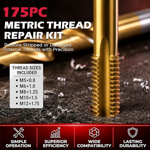 175PC Metric Thread Repair Kit, Thread Restorer Tool Set with HSS Drill Bits, Taps, Thread Inserts, Installation and Break-Off Tools for Stripped Threads, Automotive Repair, Metalworking, Garage Use - size: 175-Pc Metric Pro Kit