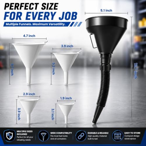 5 Pcs Automotive Oil Funnel Set, Spill-Free Fluid Transfer Kit. | Wide Mouth Fuel Funnel with Extension Hose & 4 Standard Funnels for Gas, Diesel, Motor Oil, Transmission Oil, Cars Trucks.