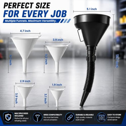 5 Pcs Automotive Oil Funnel Set, Spill-Free Fluid Transfer Kit. | Wide Mouth Fuel Funnel with Extension Hose & 4 Standard Funnels for Gas, Diesel, Motor Oil, Transmission Oil, Cars Trucks.