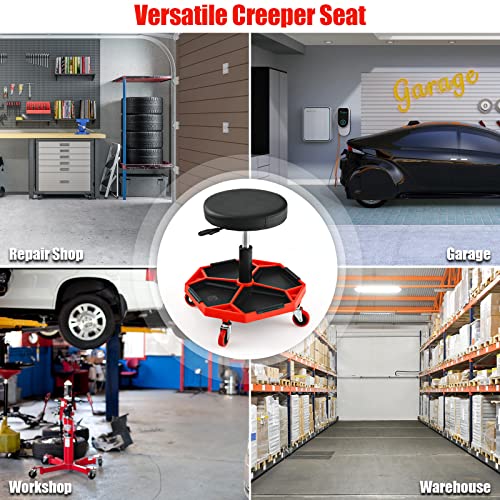 S AFSTAR Garage Shop Roller Seats, Adjustable Pneumatic Rolling Creeper Stool W/Tool Storage Tray & 4 Universal Wheels, Padded Mechanic Stool Repair Shop Stool Garage Rolling Stool (Red - color: Red