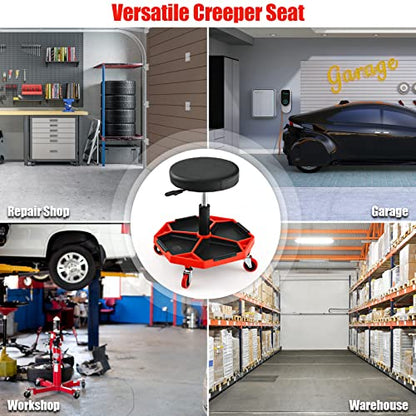 S AFSTAR Garage Shop Roller Seats, Adjustable Pneumatic Rolling Creeper Stool W/Tool Storage Tray & 4 Universal Wheels, Padded Mechanic Stool Repair Shop Stool Garage Rolling Stool (Red - color: Red