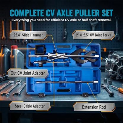 Heavy Duty Inner CV Joint Puller Slide Hammer Set, Front Wheel Drive Axle Half Shaft Removal Tool Kit with 63mm & 48mm CV Joint Fork Adapters, A Reinforced Cable Adapter, And External CV Joint Puller