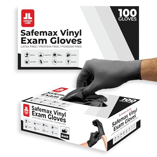 London Labs Black Synthetic Vinyl Exam Gloves Powder Free and Latex Free - size: Small, style: 200 Count