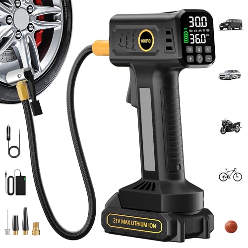 21V Cordless Portable Tire Inflator – Fast Inflation, 160PSI Air Compressor | Rechargeable Battery & 12V Car Adapter, Digital Pressure Gauge, Air Pump for Car, SUV, Motorcycle, Bike, Ball - color: Black