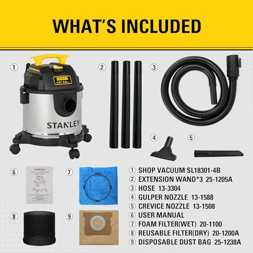 STANLEY 4 Gallon Wet Dry Vacuum, 4 Peak HP Stainless Steel 3 in 1 Shop Vacuum Blower with Powerful Suction, Vacuum for Job Site, Garage, Basement, Workshop, Top Handle, Portable Wet Dry Vac SL18301-4B - size: 4 Gallon, 4.0 HP