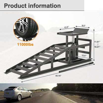2 Pack Hydraulic Car Ramps 5 Ton 11000LB Capacity, Low Profile Vehicle Service Ramps with Hydraulic Jack, Heavy Duty Steel Car Lift Ramps for Truck Trailer Garage Maintenance (Gray, 11.61" - 16.21") - color: Gray