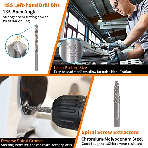 REBRA Screw Extractor and Left-Hand Drill Bit Set, Easy Out Broken Bolt Remover Reverse Cobalt HSS Steel Drill Kit, Ez Out Stripped, Rounded-Off, Damaged Bolts, Screws&Studs Removal Tool (26-Pieces) - style: 26-Pieces