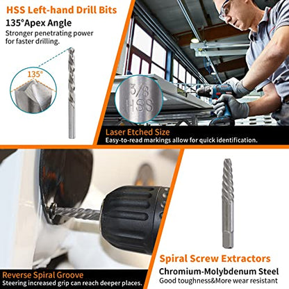 REBRA Screw Extractor and Left-Hand Drill Bit Set, Easy Out Broken Bolt Remover Reverse Cobalt HSS Steel Drill Kit, Ez Out Stripped, Rounded-Off, Damaged Bolts, Screws&Studs Removal Tool (26-Pieces) - style: 26-Pieces