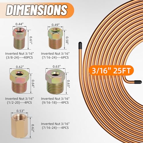 2 Sets 25 FT 3/16" Brake Line Tubing Assortment Kit with 60 Pcs Brake Line Fittings(3/8 Inch-24 Threads Nuts and Unions,7/16 Inch-24 Thread,1/2 Inch-20 Thread,9/16 Inch-18 Thread Nut) - size: 3/16"