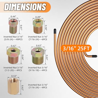 2 Sets 25 FT 3/16" Brake Line Tubing Assortment Kit with 60 Pcs Brake Line Fittings(3/8 Inch-24 Threads Nuts and Unions,7/16 Inch-24 Thread,1/2 Inch-20 Thread,9/16 Inch-18 Thread Nut) - size: 3/16"