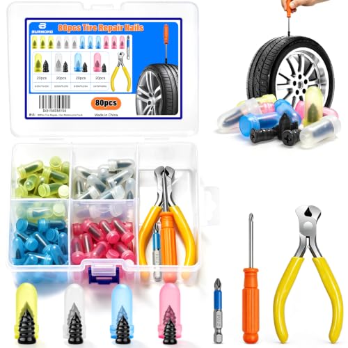 BURMONG 80Pcs Tire Repair Rubber Nails Kit with 4 Sizes,for Car,Motorcycle, | Vacuum Tire Repair Rubber Nail,Screw Tire Plug Kit,Tire Rubber Nails Tool, Quick Self-Service Tire Plugs Screw Type ﻿ ﻿ ﻿