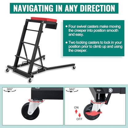 Top Automotive Creeper, 400 lbs Capacity, Adjustable Length from 42.5"-64.8", Foldable and Padded Deck, 4 Swivel Caster Wheels for Workshop Repair, Mechanic Creeper and Creepers Automotive
