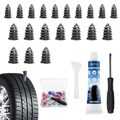 Carrep Tire Repair Rubber Nails Kit, 20 PCS Screw in Tire Plug kit with 2 Sizes, Portable Emergency Tubeless Flat Tire Repair Kit for Cars, SUVs, Motorcycles and ATVs (10S+10L+1X10ML) - size: 10S+10L+1X10ML