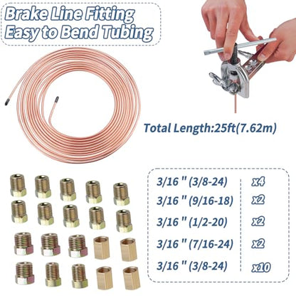 25 ft 3/16" Copper Coated Brake Line Kit 16 Brake Line Fittings and 4 Unions Brake Line Fittings Double & Single Flaring Tool Kit Brake line Bender