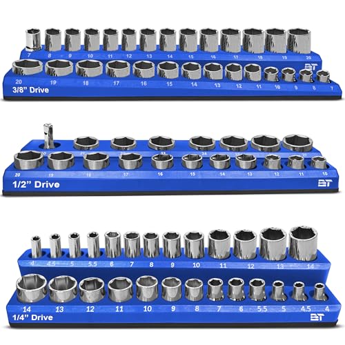 Magnetic Socket Organizer Set -3 Piece Metric Magnetic Socket Holder Set Blue - 1/2-inch, 3/8-inch & 1/4-inch Drive, Holds 75 Sockets, Professional Grade Socket Tray Organizer. NEW VERSION - color: Blue, size: Metric