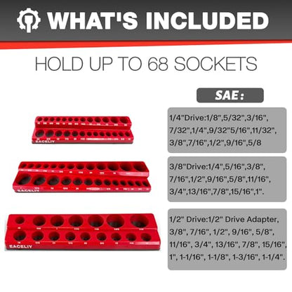 EACELIY Magnetic Socket Organizer Set,SAE Socket Holder Kit, Socket Trays，holds 68 Deep and Shallow 3/8" Sockets(sockets not included) 丨3PC 1/2",1/4" and 3/8"（Red） - size: 3PCS SAE 1/2&3/8&1/4