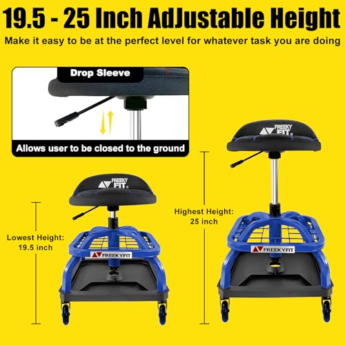 Rolling Stool with Blue Wheels,Heavy Duty Garage Work Mechanic Rolling Shop Stool with Backrest, Adjustable Height 360°Swivel Roller Mechanic Chair with 2 Tool Trays, 330 LBS Capacity - color: Blue Stool With Blue Casters