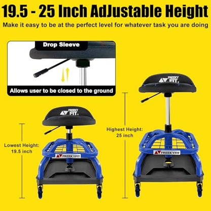 Rolling Stool with Blue Wheels,Heavy Duty Garage Work Mechanic Rolling Shop Stool with Backrest, Adjustable Height 360°Swivel Roller Mechanic Chair with 2 Tool Trays, 330 LBS Capacity - color: Blue Stool With Blue Casters