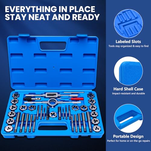 40 PCS Metric Tap and Die Set, Standard Metric Threading Tool Kit for Internal and External Threads, Tap & Die Set with Wrenches for Automotive, DIY, and Metal Repair - size: 40 Pcs Metric