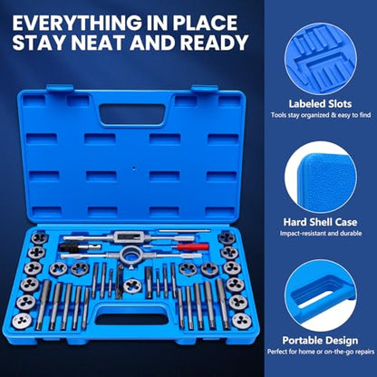 40 PCS Metric Tap and Die Set, Standard Metric Threading Tool Kit for Internal and External Threads, Tap & Die Set with Wrenches for Automotive, DIY, and Metal Repair - size: 40 Pcs Metric