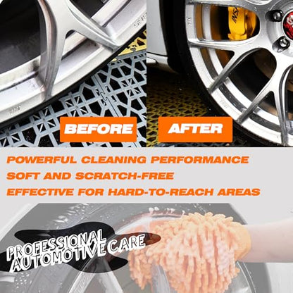 Wheel Brush and Car Wash Mitts Set, 3 PCS Car Cleaning Kit, 17 Inch Soft Bristle Wheel Cleaner Brush with 2 Microfiber car Wash Mitts, Scratch-Free Rim Tire Detailing Brush for Wheels, Tires, Rims
