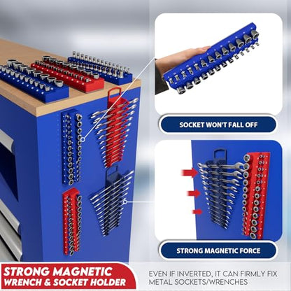 8-Piece Magnetic Socket Organizer and Wrench Organizer, Magnetic Socket Holder Set | Fits 1/4” 3/8” 1/2” Metric SAE for Tool Box Drawer, Can Holds 143 Sockets, Socket & Wrench Not Included