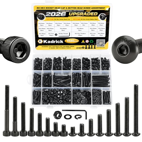 Kadrick Metric Screws Assortment,1580 Pcs M4 Screws Nuts Washers Assortment M4x6MM-40MM, Hex Socket Button & Cap Head M4 Machine Bolts Kit, 12.9 & 10.9 Grade Black Alloy Steel for 3D Printing - size: M4 1580Pcs 6-40mm