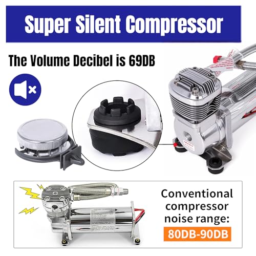 Ultra Quiet Air Compressor, 300PSI 1/4 NPT Super Silent 69DB Truck/Car Train Horn/Suspension/Ride/Bag kit/System and All 12v Vehicles like Semi/Pickup Trucks Silver - color: Silver 1/4