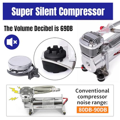 Ultra Quiet Air Compressor, 300PSI 1/4 NPT Super Silent 69DB Truck/Car Train Horn/Suspension/Ride/Bag kit/System and All 12v Vehicles like Semi/Pickup Trucks Silver - color: Silver 1/4