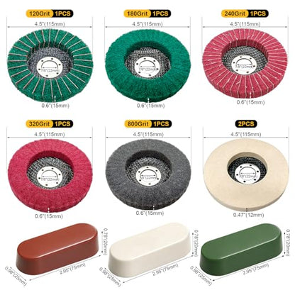 BURMONG 10Pcs 4.5'' Buffing Polishing Wheel for Angle Grinder - 7 Aluminum/Stainless Steel Metal Polishing Wheels & 3 Compounds Kit, Scour Flap Disc for Metal (7/8'' Arbor)