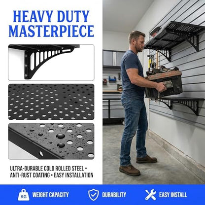 2 Pack 3.8 FT x 1.4 FT Heavy Duty Garage Wall Shelving, 530+ lbs Load Capacity per Shelf Wall Mounted Storage Shelf, Metal Garage Shelving with Hooks, Black (2 Pack)