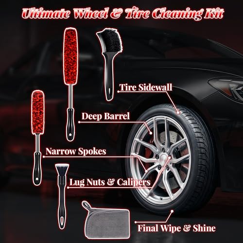 SIMPOR 5 Pcs Wheel & Tire Brush Kit with Cleaning Towel, 2 Long Handle Soft Microfiber Wheel Cleaning Brushes, Stiff Tire Brush, Car Detailing Brush, Non-Scratch Bendable Rim Cleaner Brush Set