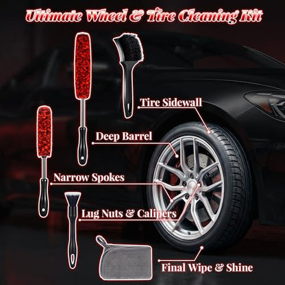 SIMPOR 5 Pcs Wheel & Tire Brush Kit with Cleaning Towel, 2 Long Handle Soft Microfiber Wheel Cleaning Brushes, Stiff Tire Brush, Car Detailing Brush, Non-Scratch Bendable Rim Cleaner Brush Set