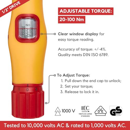 FESA Electrician Insulated Torque Wrench - (1/2" Drive, 20-100 Nm Range) | w/Easy Torque Adjustment & Scale Display - Each Insulated Wrench Has ID for Traceability - style: 1/2" Drive, 20-100 Nm Range