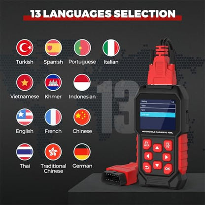 M4 Motorcycle Code Reader Scanner Diagnostic Tool for Suzuki 4-6P, Yamaha/Honda 4P, Kawasaki 1-6P, Gen IV 6P/PGO – Read/Clear Codes, Service Reset, ABS Bleed, OBD2, 17 Languages