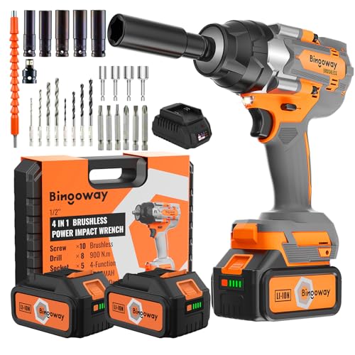 900N.m Brushless Cordless Impact Wrench 1/2", 4-in-1 High Torque 21V Power Electric Impact Gun with 2x4.0Ah Batteries, 5 Sockets, 8 Drills, 10 Screws, LED, Variable Speed for Car Repair Home - color: Orange