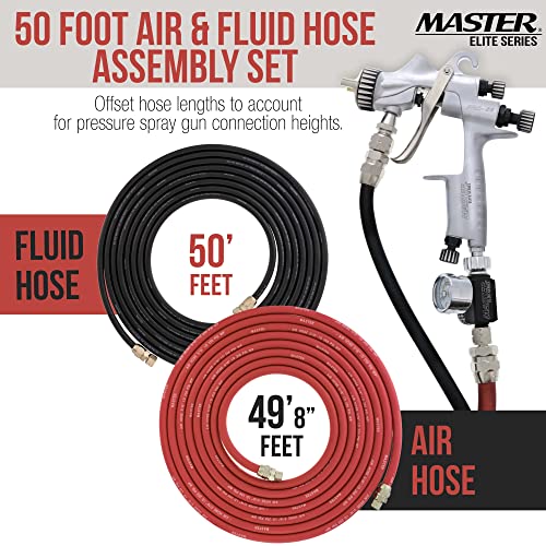 Master Elite Series 50 Foot Air and Fluid Hose Assembly Set with Fittings for Spray Guns, Paint Pressure Pot Tanks, Professional Heavy Duty - Air 3/8" NPS, 5/16" ID & Fluid Hose 1/4" NPS, 1/4" ID - size: 50-Foot Set
