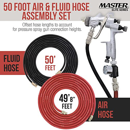 Master Elite Series 50 Foot Air and Fluid Hose Assembly Set with Fittings for Spray Guns, Paint Pressure Pot Tanks, Professional Heavy Duty - Air 3/8" NPS, 5/16" ID & Fluid Hose 1/4" NPS, 1/4" ID - size: 50-Foot Set