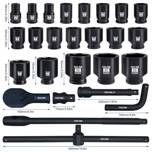 3/4" and 1" Drive Impact Socket Set,6-Point Metric Socket Set (21-65mm),26PCS Cr-Mo Material Heavy Duty Jumbo Deep Socket Set with Ratchet Wrench,Adapter,Sliding Bar,Extension Bar and Storage Case.