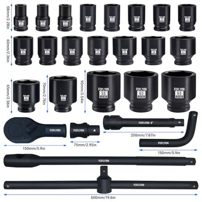 3/4" and 1" Drive Impact Socket Set,6-Point Metric Socket Set (21-65mm),26PCS Cr-Mo Material Heavy Duty Jumbo Deep Socket Set with Ratchet Wrench,Adapter,Sliding Bar,Extension Bar and Storage Case.