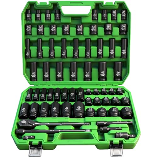 SWANLAKE 1/2" Drive Impact Socket Set, 66-Piece Standard SAE (3/8"-1-1/4") and Metric (8-24mm) Size, 6 Point, Cr-V, 1/2-Inch Drive Ratchet Handle, Extension Bar, Impact Universal Joint - style: 1/2'' 66PCS