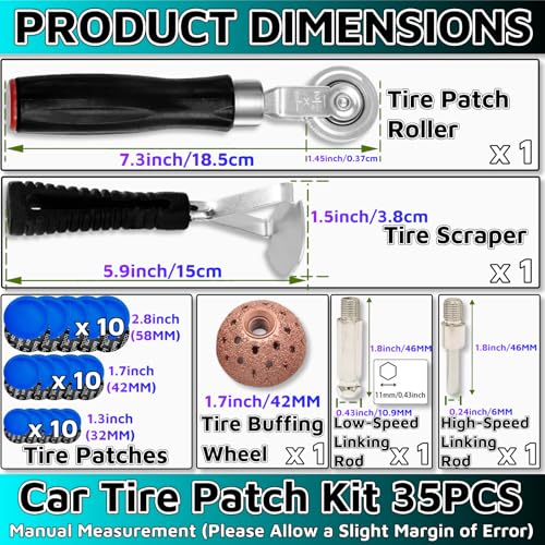 35PCS Flat Tire Repair Kit Car Tire Patch Kit Heavy Duty Tire Repair Tool Car Tire Repair Kit,30pcs Tire Patches 32mm/42mm/58mm with Tire Patch Roller Tire Inner Liner Scraper for Car Motorcycle Bike